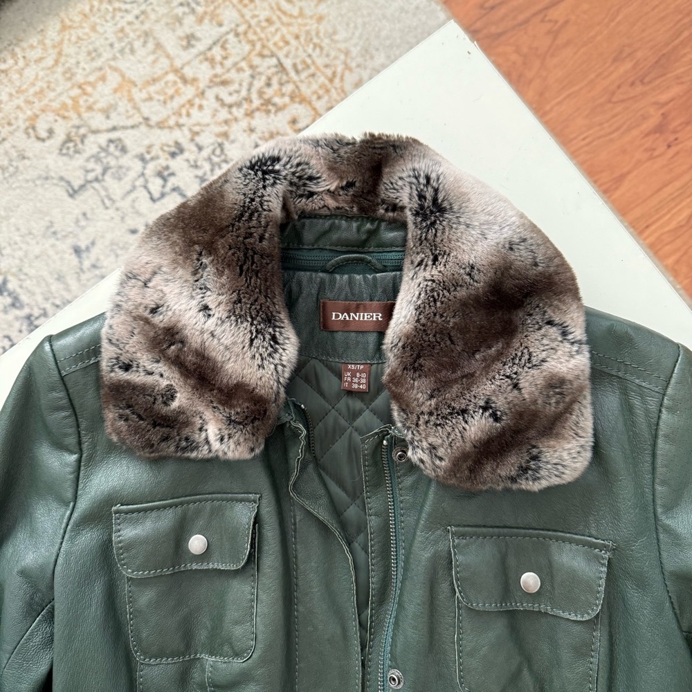 DANIER Forest Green Leather Jacket Removable Faux Fur Collar Quilted Lining Luxe - Picture 5 of 9